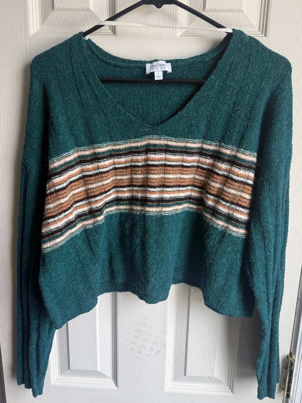 True Craft Teal V-Neck Sweater with Beige and Brown Stripes